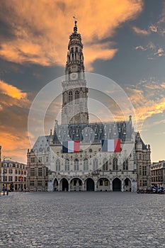 Town hall, HÃÂ´tel de Ville, Arras France in sunset